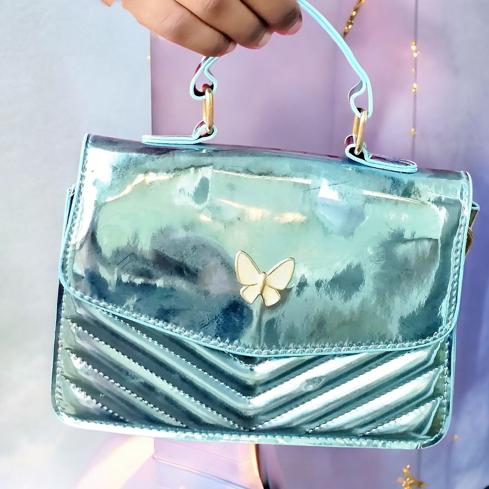 Shiny Blue Mini Bag with Butterfly Detail